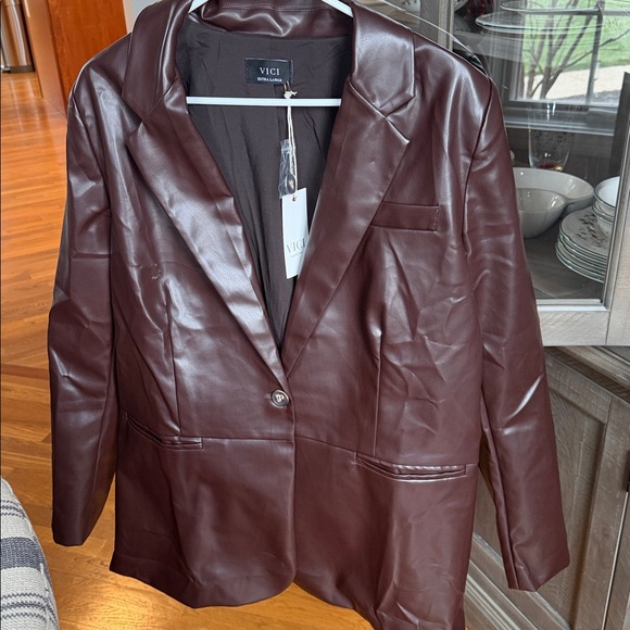 Vici Women's Deep Brown Faux Leather Blazer - Picture 2 of 3